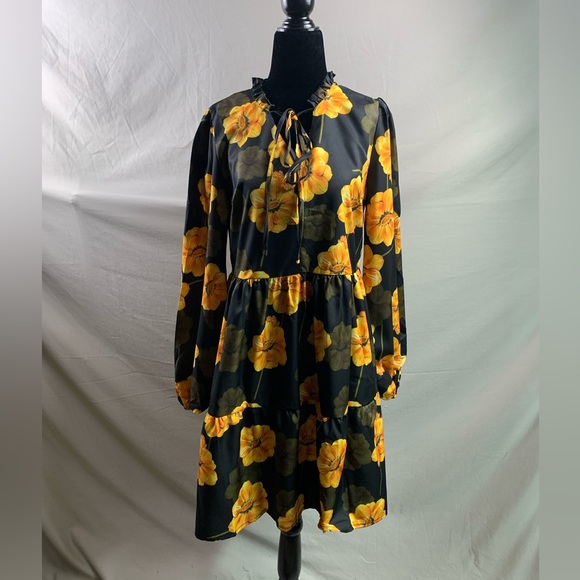 Floral Print Tie Neck Lantern Sleeve Ruffle Hem Smock Dress - Picture 5 of 7